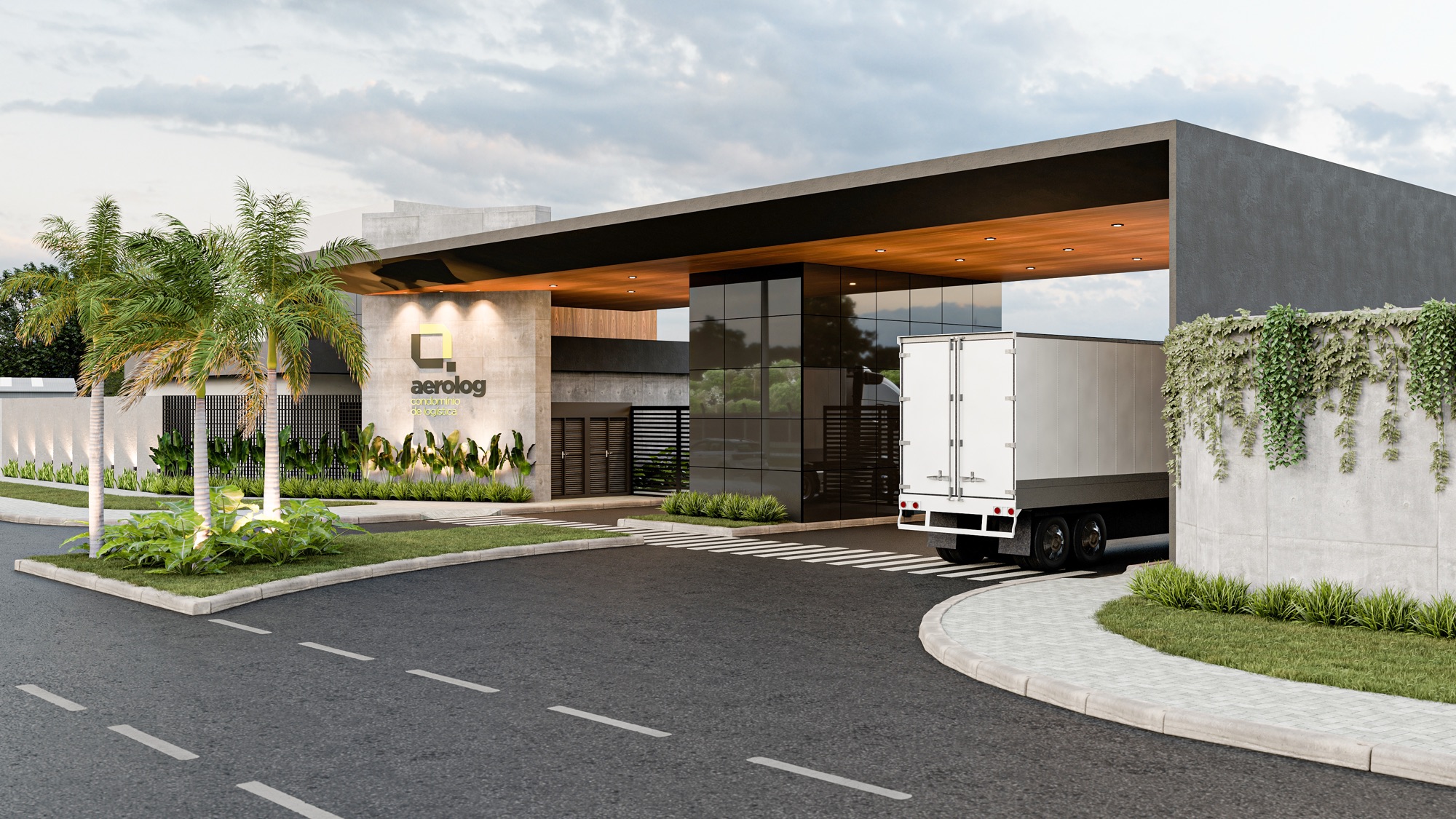 Render oficial do condomínio de logística AeroLog: portaria de alto padrão com caminhão entrando ao entardecer