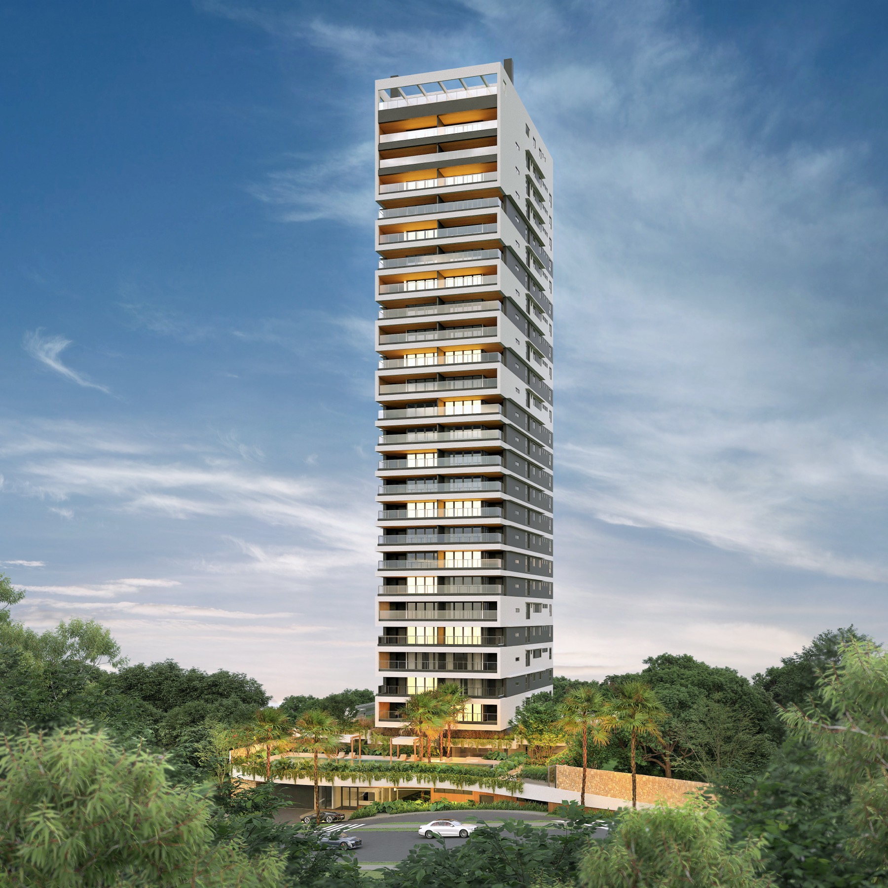 Render da torre residencial de alto padrão Heritage vista da base ao topo